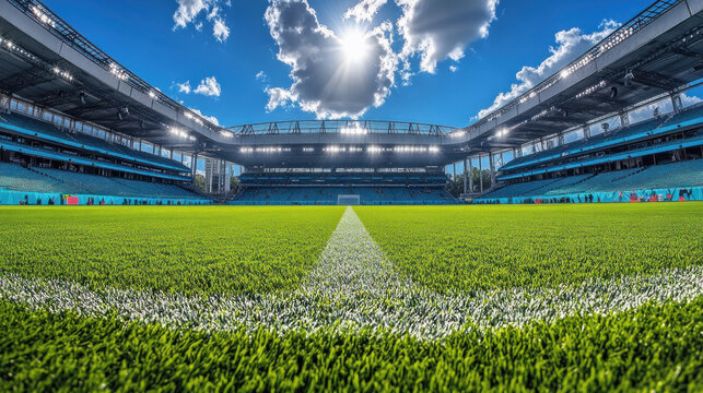 Empty soccer stadium on a sunny day with lush green grass