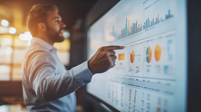 Business people whiteboard or man speaker in office presentation in finance review or training plan Meeting learning or accounting team collaboration in support for workshop coaching o : Generative AI