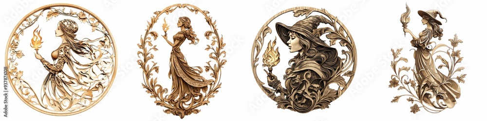 Wall mural A collection of detailed woodcut-style illustrations featuring women holding flames, surrounded by ornate floral patterns. Each design showcases intricate craftsmanship with flowing hair and dresses i