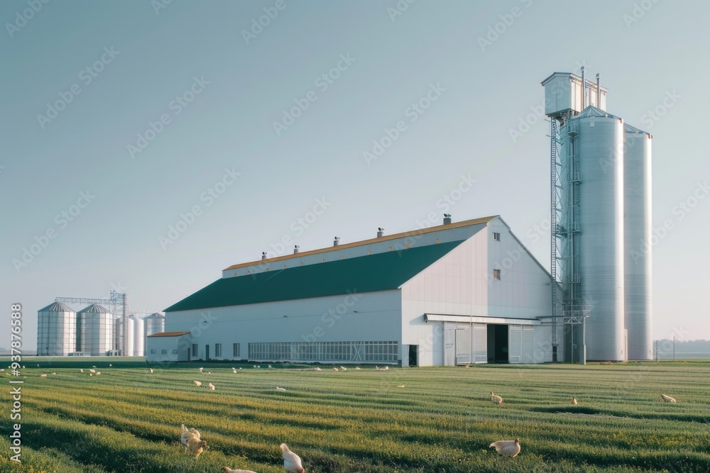 Poster a group of sheep peacefully graze in a green field with a white barn visible in the background