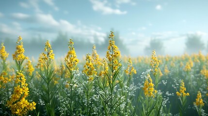 Obraz premium A serene field of yellow flowers surrounded by mist and greenery under a bright sky.