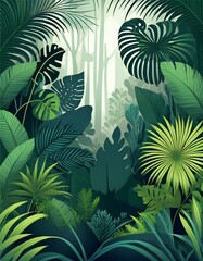 Wild dark jungle forest nature landscape with green jungle foliage and exotic plants
