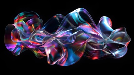 Fototapeta premium Holographic abstract figure colorful vibrant fluid iridescent wavy 3d shapes on black background 