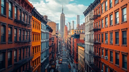 New York City Architectural Landscape with high rising landmark buildings in the historic district of Soho Lower Manhattan USA : Generative AI