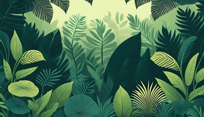 Wild dark jungle forest nature landscape with green jungle foliage and exotic plants
