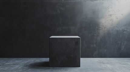 A black box is sitting on a grey concrete floor