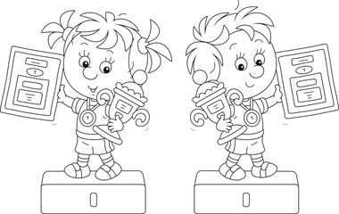 Happy little champions with gold medals holding prize cups and diplomas of a winner standing on podiums of competitions at an award ceremony, black and white outline vector illustration