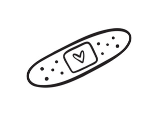 Hand drawn aid band plaster with heart care isolated on white background. doodle outline style
