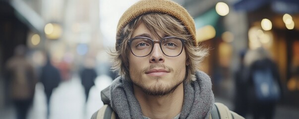 Fototapeta premium Modern Man in the City Fashionable, Youthful, and Energetic, This Image Captures the Essence of Trendsetting Urban Life A Young Man Exudes Confidence with Stylish Glasses and a Casual Beanie