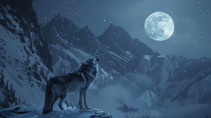 Wolf howling at the moon on a snowy mountain