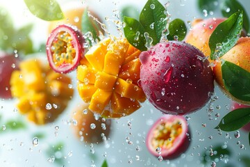 Mango and passion fruit and half slices suspended in the air with green leaves. Generative AI