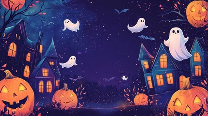 Fototapeta premium Playful Halloween scene with haunted houses, glowing pumpkins, and floating ghosts, all under a starry night sky.
