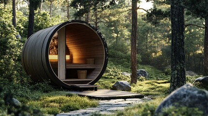 Round outdoor wooden sauna building on the edge of a green forest : Generative AI