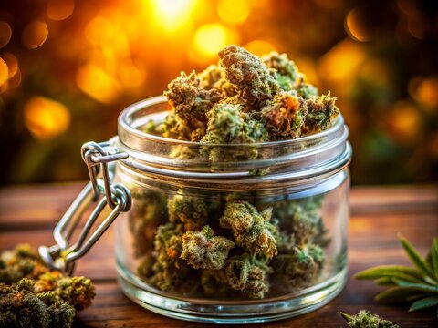 Close-up of a glass jar containing premium, trichome-covered cannabis buds, lit by soft, golden light, showcasing the artisanal quality of expertly cultivated marijuana.