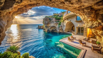Luxury resort built inside a cave with stunning views of the blue ocean water , cave, luxury, resort, blue water, ocean
