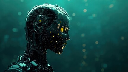 Futuristic Robot with Glowing Yellow Eyes - A sleek, futuristic robot with glowing yellow eyes, showcasing advanced technology and artificial intelligence in a dark, minimalist setting.