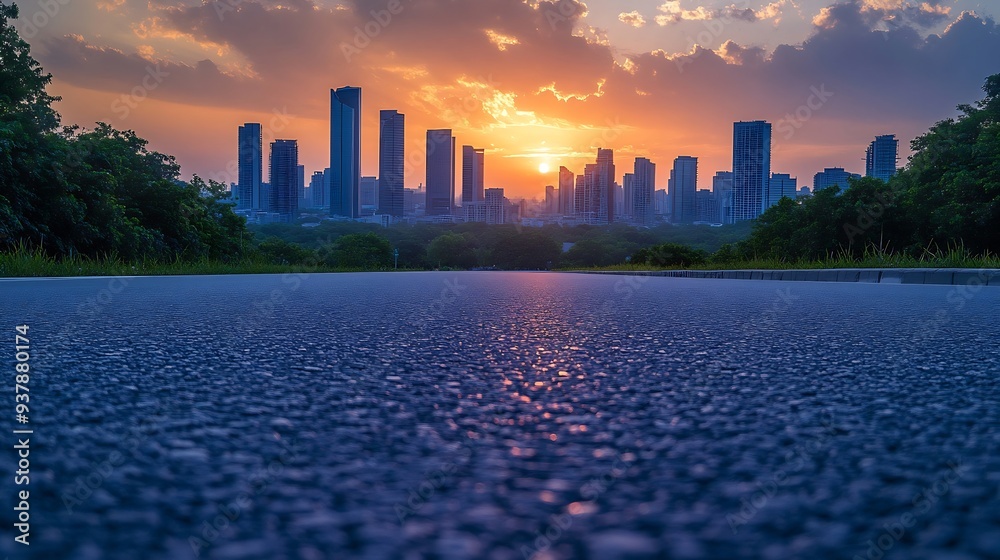 Aufkleber empty asphalt road and modern city skyline with building scenery at sunset high angle view : generat