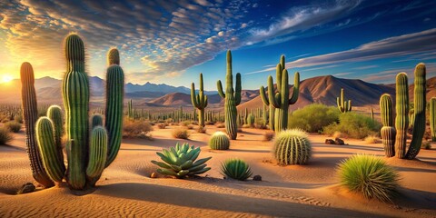 Desert landscape featuring various cacti, arid, succulent, southwestern, prickly, thorny, plant, vegetation