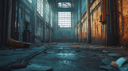 Fototapeta premium Old industrial hall in abandoned factory : Generative AI