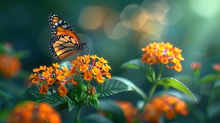 Obraz premium A butterfly perched on vibrant orange flowers, showcasing the beauty of nature in a serene setting.