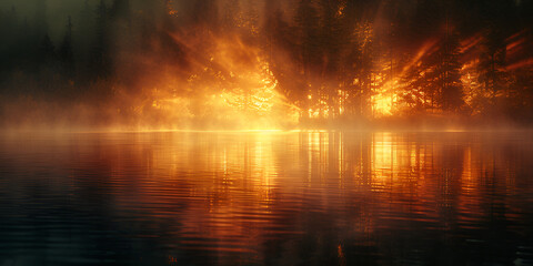 Fototapeta premium a foggy lake with trees and fog