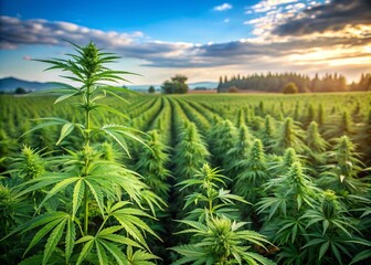 Landscape of cannabis plants or hemp plants growing on a farm in an open field. Copy space image. Place for adding text or design