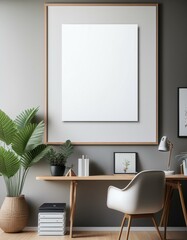 Poster frame mock-up in home interior background with commode, chair and decor in living room