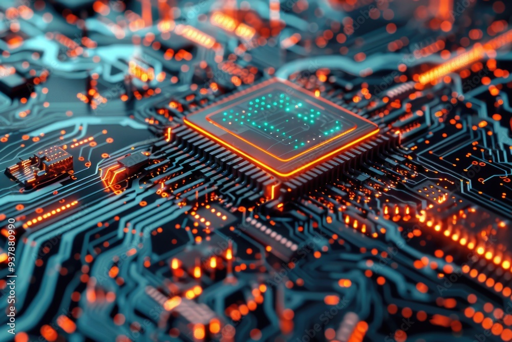 Poster a detailed view of electronic components and wires on a computer's motherboard
