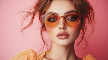 Fototapeta premium Attractive young woman with freckles posing wearing stylish sunglasses and looking at camera