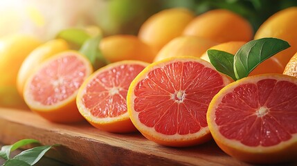 Juicy fresh grapefruit slices on wooden cutting board, highlighting the vibrant color and tangy flavor of this citrus fruit.