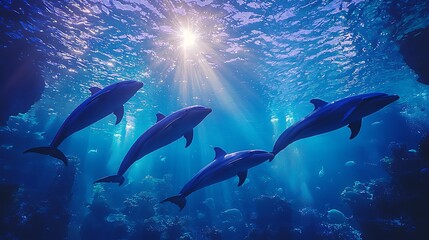 Fototapeta premium Dolphins swimming underwater sun rays blue ocean coral reef, blending the grace of these majestic creatures with the beauty of the ocean.