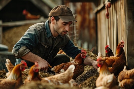 A person caring for poultry in an agricultural setting