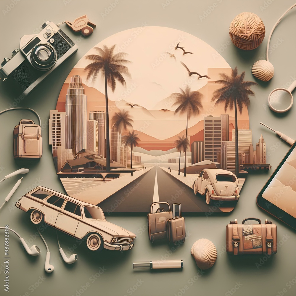 Wall mural road trip aesthetic concept, muted neutral colors, happy travel, enjoy holidays and relaxation.