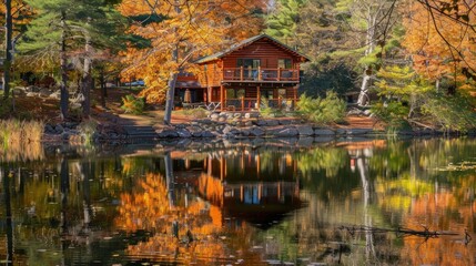 Fototapeta premium Cozy Log Cabin by the Lake in the Woods with Beautiful Water Reflection