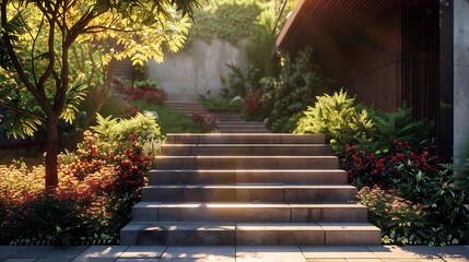 Obraz premium Stone Steps Leading Up To Modern House In Lush Garden