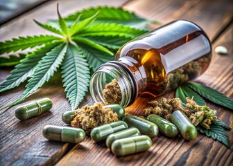 Closeup of medical cannabis in an open bottle and capsule on a table surrounded by marijuana leaves and buds, with a prescription blank nearby awaiting fulfillment.