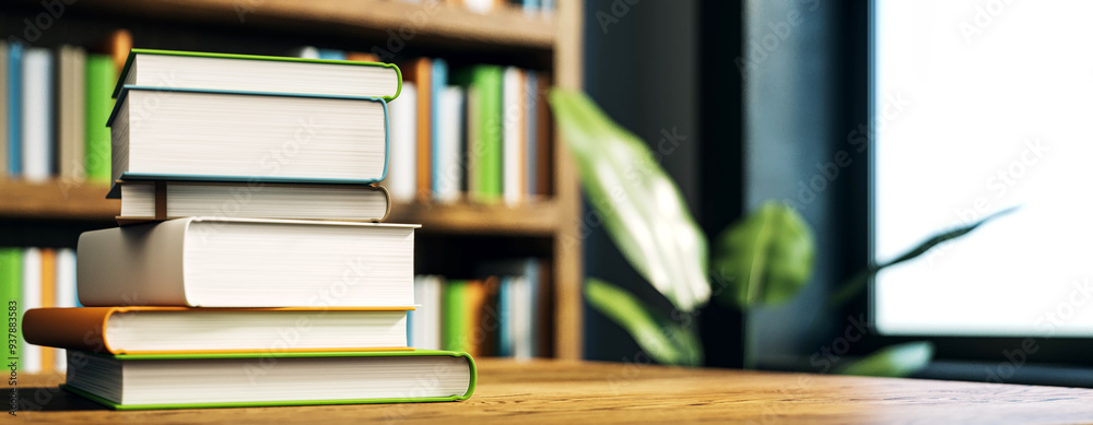 Poster stack of books on a wooden desk in a library, soft blur background. 3d rendering