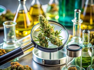 Macro shot of a marijuana bud under a magnifying glass, surrounded by laboratory equipment, petri dishes, and CBD extracts, for scientific study and medical research analysis.