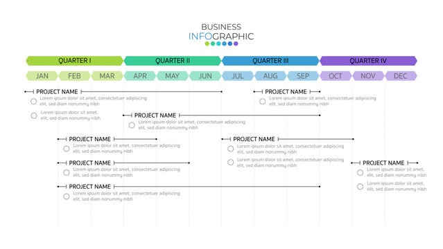 Infographic business year plan tenmplate and breakdown details per month, monthly plan with topic and details