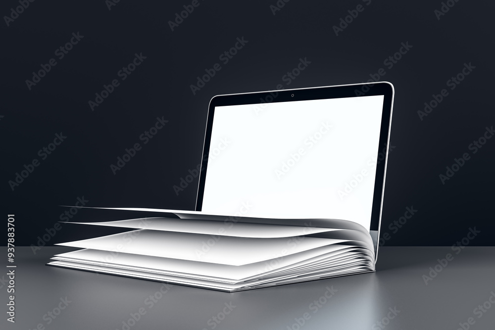 Aufkleber open book and laptop on a dark background. 3d rendering