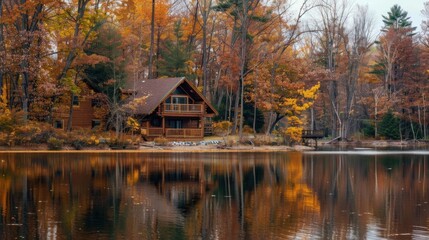 Obraz premium Cozy Log Cabin by the Lake in the Woods with Beautiful Water Reflection