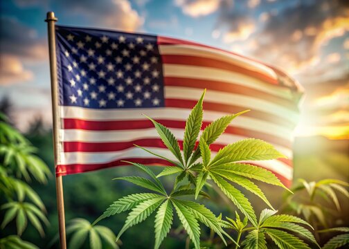 American flag waving proudly in front of a blurred hemp leaf background, symbolizing legalized medical marijuana and cannabis reform in the United States of America.