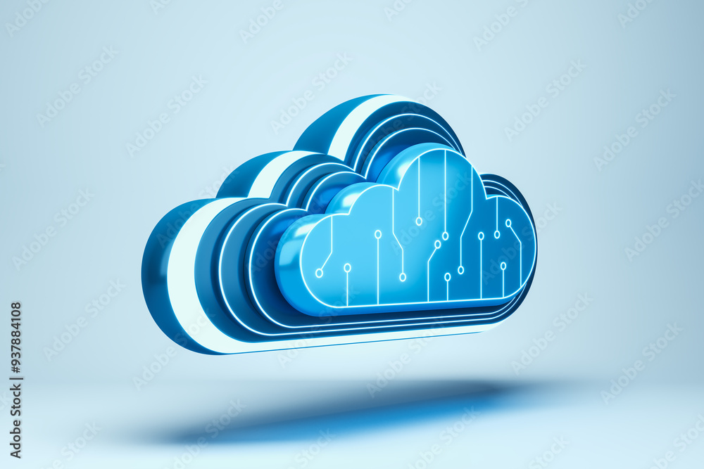 Poster 3D rendering of a cloud icon with a circuit pattern on a blue background. 3D Rendering
