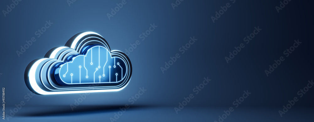 Aufkleber Glowing cloud computing icon with circuit lines on blue background. 3D Rendering