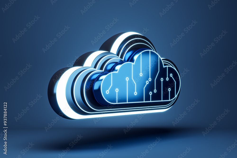 Aufkleber Modern cloud technology icon with a digital circuit design on a blue background. 3D Rendering