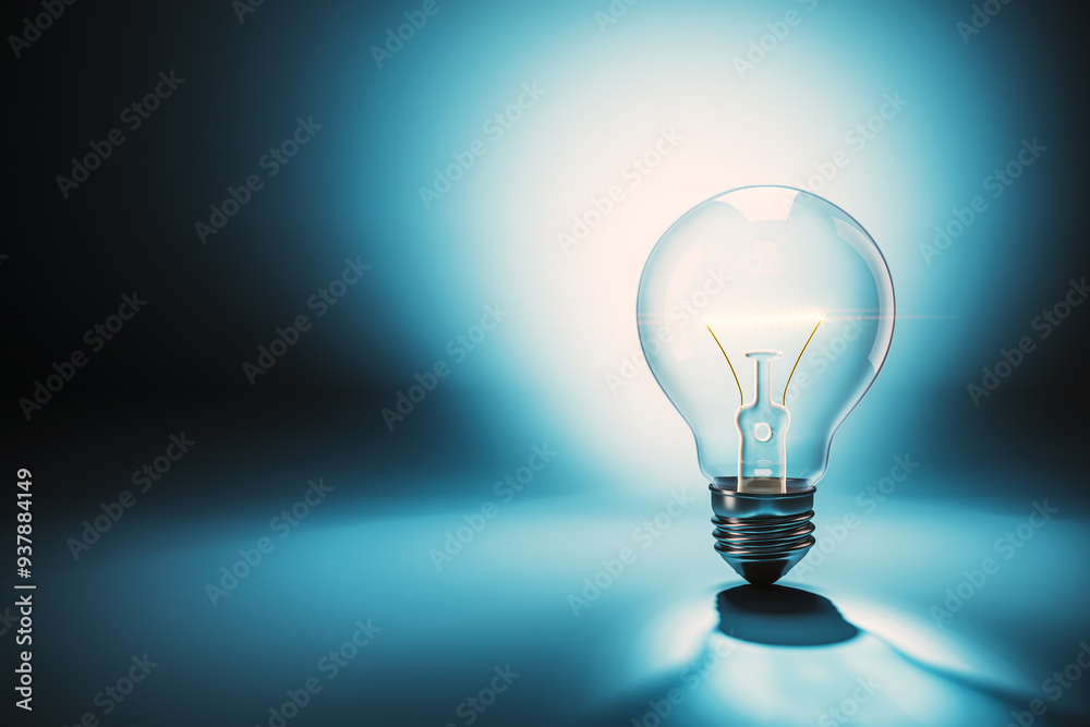 Aufkleber illuminated lightbulb on a blue spotlighted background. 3d rendering