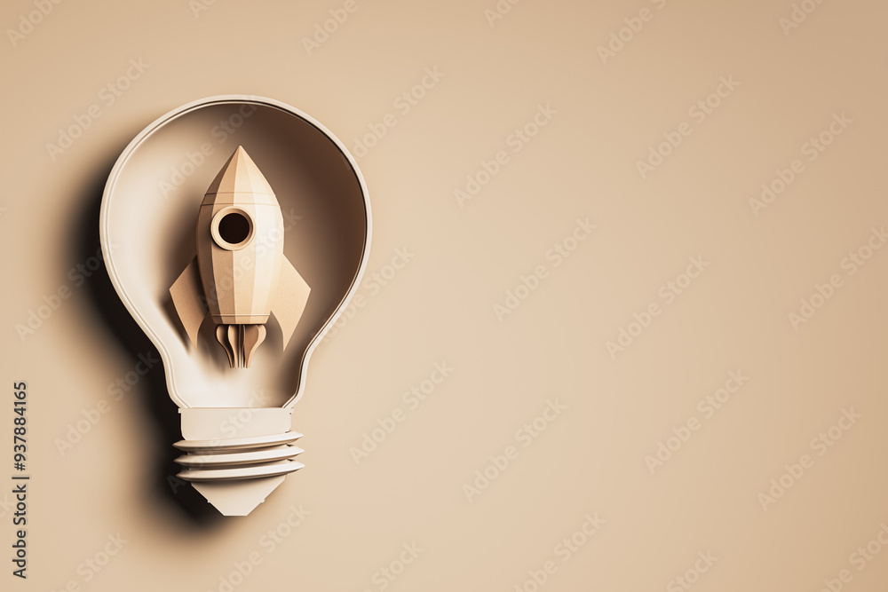 Aufkleber lightbulb with rocket inside, symbolizing startup ideas on beige background. 3d rendering