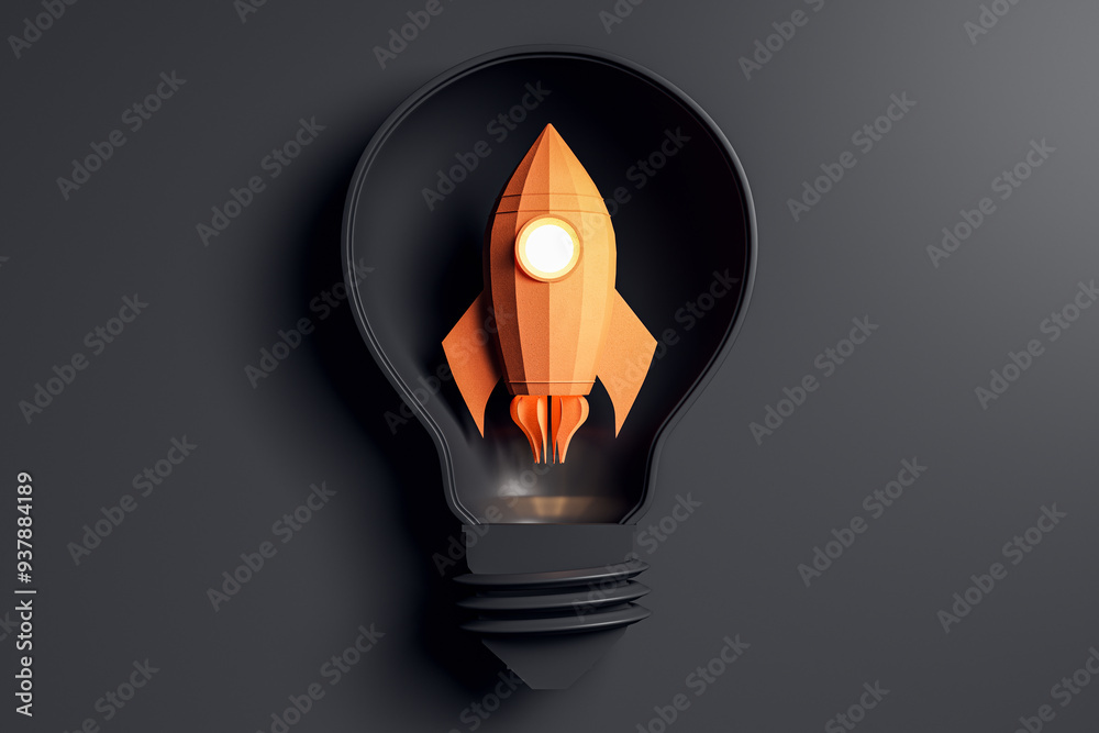 Fototapete rocket inside a lightbulb symbolizing startup ideas and innovation. 3d rendering