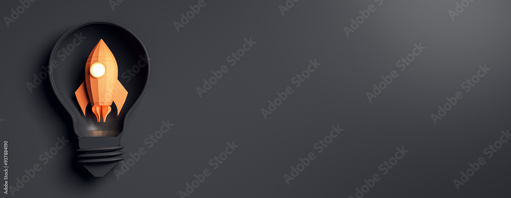 Aufkleber rocket inside a lightbulb on a dark background, symbolizing startup ideas and innovation. 3d renderi