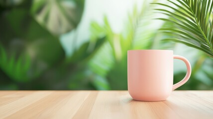 A serene scene featuring a pink mug placed on a wooden table, surrounded by lush greenery, perfect for a tranquil morning vibe.